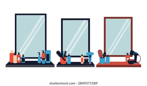 Flat illustration of three makeup dressing tables with mirrors, cosmetics, hair dryers, and beauty tools in different colors.
