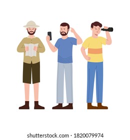 Flat Illustration Three Man Looking For Maps Cause Lost Cartoon