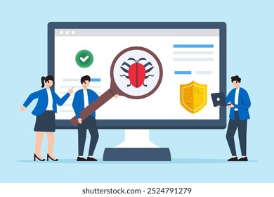 Ilustração plana de três pessoas analisando o computador para detecção de malware com software antivírus