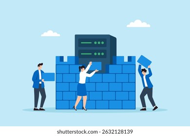Flat illustration of three people building fortress wall from data blocks around server to prevent cyberattacks with encryption layers