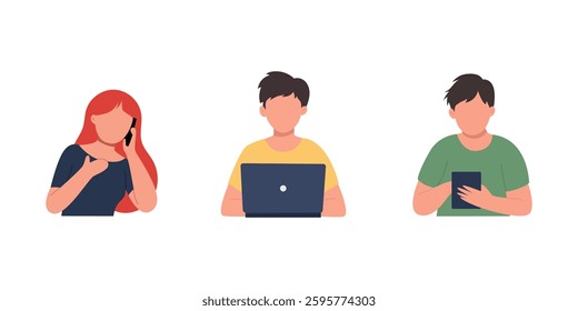 Flat illustration of three people engaged in various digital activities.