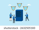 Flat illustration of three people floating drone shields over server to patrol and defend network with cybersecurity encryption