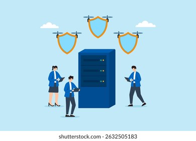 Flache Illustration von drei Personen, die Drohnenschilde über dem Server schwebten, um das Netzwerk mit Cybersicherheitsverschlüsselung zu überwachen und zu verteidigen