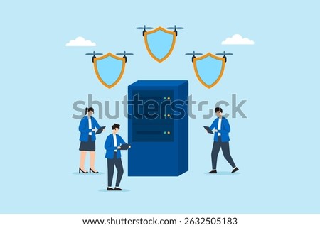 Flat illustration of three people floating drone shields over server to patrol and defend network with cybersecurity encryption