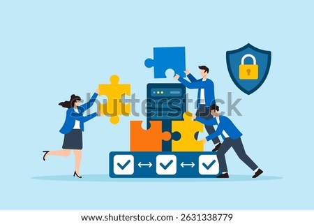 Flat illustration of three people locking puzzle pieces around server to form secure network against cyber attacks