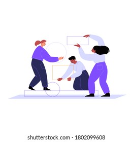 Flat illustration of three persons building something wih geometric figures. Three female characters holding circles and rectangles. Design architecture and engineering concept