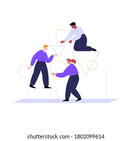 Flat illustration of three persons building something wih geometric figures. Three characters holding circle, triangle and rectangle standing on an abstract construction. architecture and engineering 