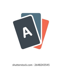 Ilustração plana de três cartas de baralho em camadas sobre um fundo branco, apresentando um A abstrato.