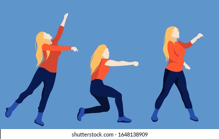 Flat illustration of three poses, women with hands up and pushing position.