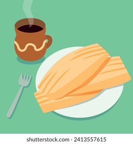 Flat illustration of three tamale on a plate, a fork and a traditional mexican mug with coffee