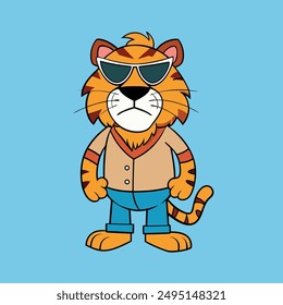flat illustration tiger use sunglass angry face
