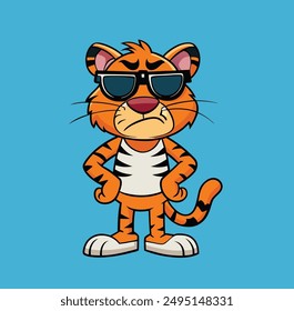 flat illustration tiger use sunglass angry face