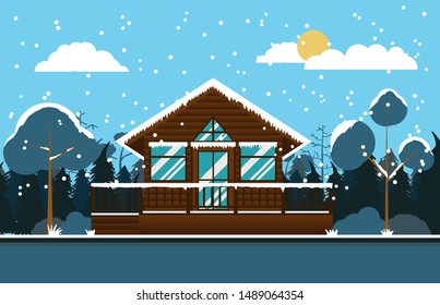 flat illustration of tiny house in the forest in winter season