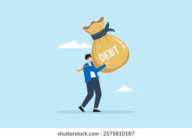 Flat illustration of tired businessman carry giant money bag labeled Debt symbolizing heavy burden of financial obligation