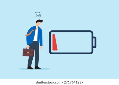 Ilustración plana de hombre de negocios cansado de pie junto a la batería baja que simboliza el agotamiento, el estrés por agotamiento y la falta de energía en el trabajo
