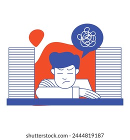 flat illustration of tired employee working, for digital industrial design purposes. white background