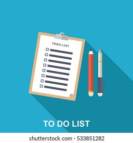 Flat Illustration of To-do List, Pen and Pencil. Long Shadow Icon