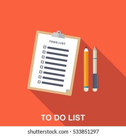 Flat Illustration of To-do List, Pen and Pencil. Long Shadow Icon