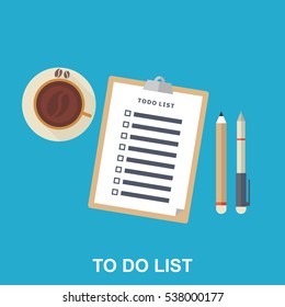 Flat Illustration of To-do List, Pen, Pencil and Coffee Cup. Long Shadow Icon