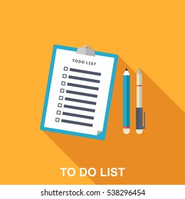 Flat Illustration Of To-do List, Pen And Pencil. Long Shadow Icon