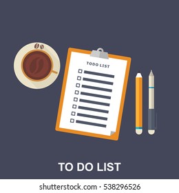 Flat Illustration of To-do List, Pen, Pencil and Coffe Cup. Long Shadow Icon