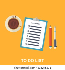 Flat Illustration of To-do List, Pen, Pencil and Coffe Cup. Long Shadow Icon