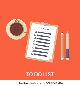 Flat Illustration of To-do List, Pen, Pencil and Coffe Cup. Long Shadow Icon