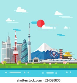 Flat illustration of Tokyo city in Japan.Japan landmarks Famous buildings.