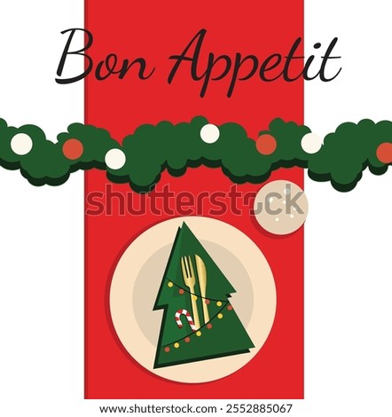 Flat illustration top view of Christmas table setting with golden cutlery and Christmas tree napkin on red tablecloth. Festive design with holiday xmas decorative. Vector on isolated background