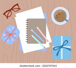 Flat illustration of top view of notebook and white papers. Closed notebook on the office desk or table with gifts.