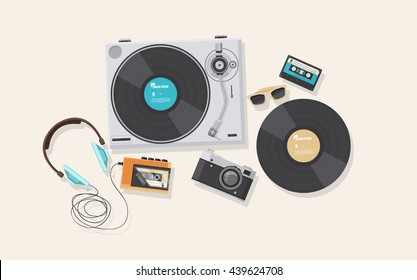 Flat illustration, Top view of retro vinyl player, turntable  with old cassette player, camera, sunglasses, Retro hipster objects,