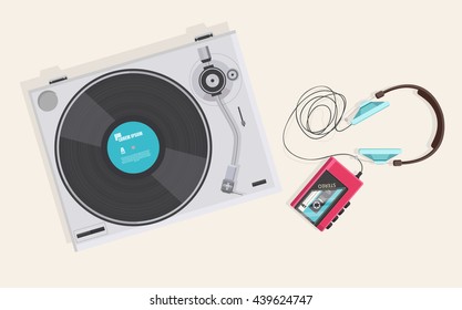 Flat illustration, Top view of retro vinyl player, turntable and casette player with headphone,