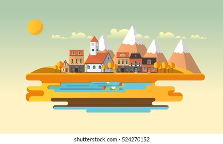 Flat Illustration of town in autumn. Abstract Vector Design.
