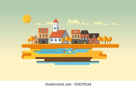Flat Illustration of town in autumn. Abstract Vector Design.
