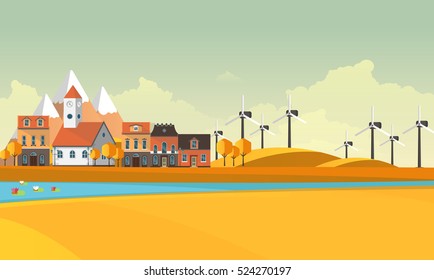 Flat Illustration of town in autumn. Abstract Vector Design.
