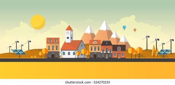 Flat Illustration of town in autumn. Abstract Vector Design.