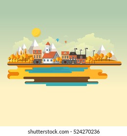 Flat Illustration of town in autumn. Abstract Vector Design.
