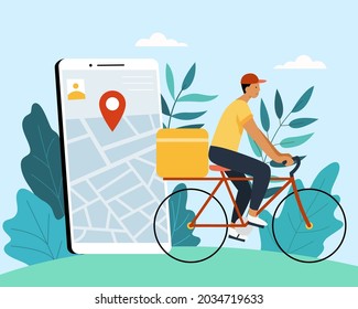 Flat illustration of tracking courier by gps map application on mobile phone. Concept of food delivery service by bicycle.