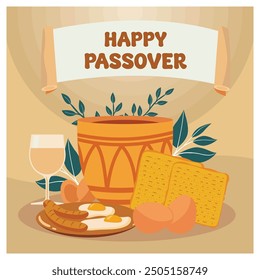 A flat illustration of the traditional matzot, eggs and chalice for Passover. flat vector modern illustration 