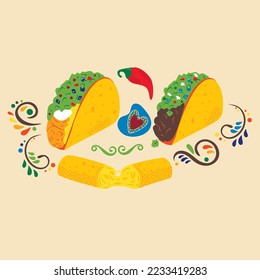 Flat illustration traditional Mexican tacos and snacks