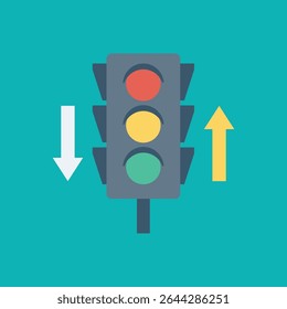 Flat illustration of a traffic light with red, yellow, and green signals, accompanied by up and down arrows on a teal background. Ideal for transport, rules, or road safety visuals.