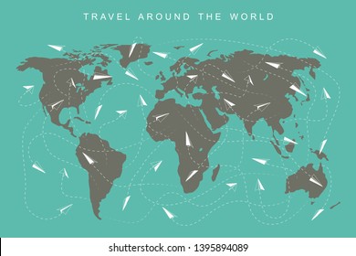 Flat illustration of travel around the world. World map background with paper planes.
