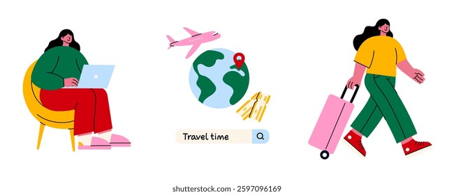 Flat illustration of travel and vacation planning. Perfect for summer trips, holiday journeys, and flight bookings. Modern tourism concept, ideal for adventure, leisure, and exploring new destinations