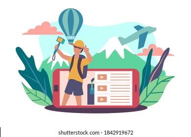 Flat illustration of travel vlogger or youtuber design for greeting card, banner, landing page, etc.