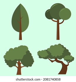 Flat illustration of a tree. Collection of different isolated tree shapes. 