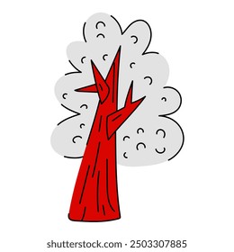 flat illustration of a tree with a thick red trunk and a lush white crown, stylized as the Canadian flag. The trunk of a tree with branches is very wide, the crown is very fluffy with a leaf texture.