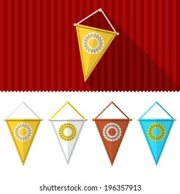 Flat illustration of triangular pennants. Set of colored triangular pennants with circle ornament symbols.