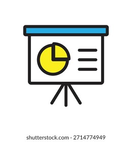Flache Illustration einer auf einem Stativ montierten Präsentationstafel mit Tortendiagramm und Aufzählungspunkten, ideal für Geschäftsberichte, Bildmaterial und Infografiken zur strategischen Planung.