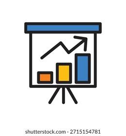 Ilustración plana de un tablero de presentación montado en trípode con un gráfico de barras colorido y un gráfico de líneas de tendencia ascendente, ideal para imágenes de crecimiento empresarial, informes financieros e infografías de planificación estratégica.