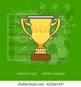 Flat illustration of trophy cup against green background. Flat design of sport award on wooden stand, front view. Vector image